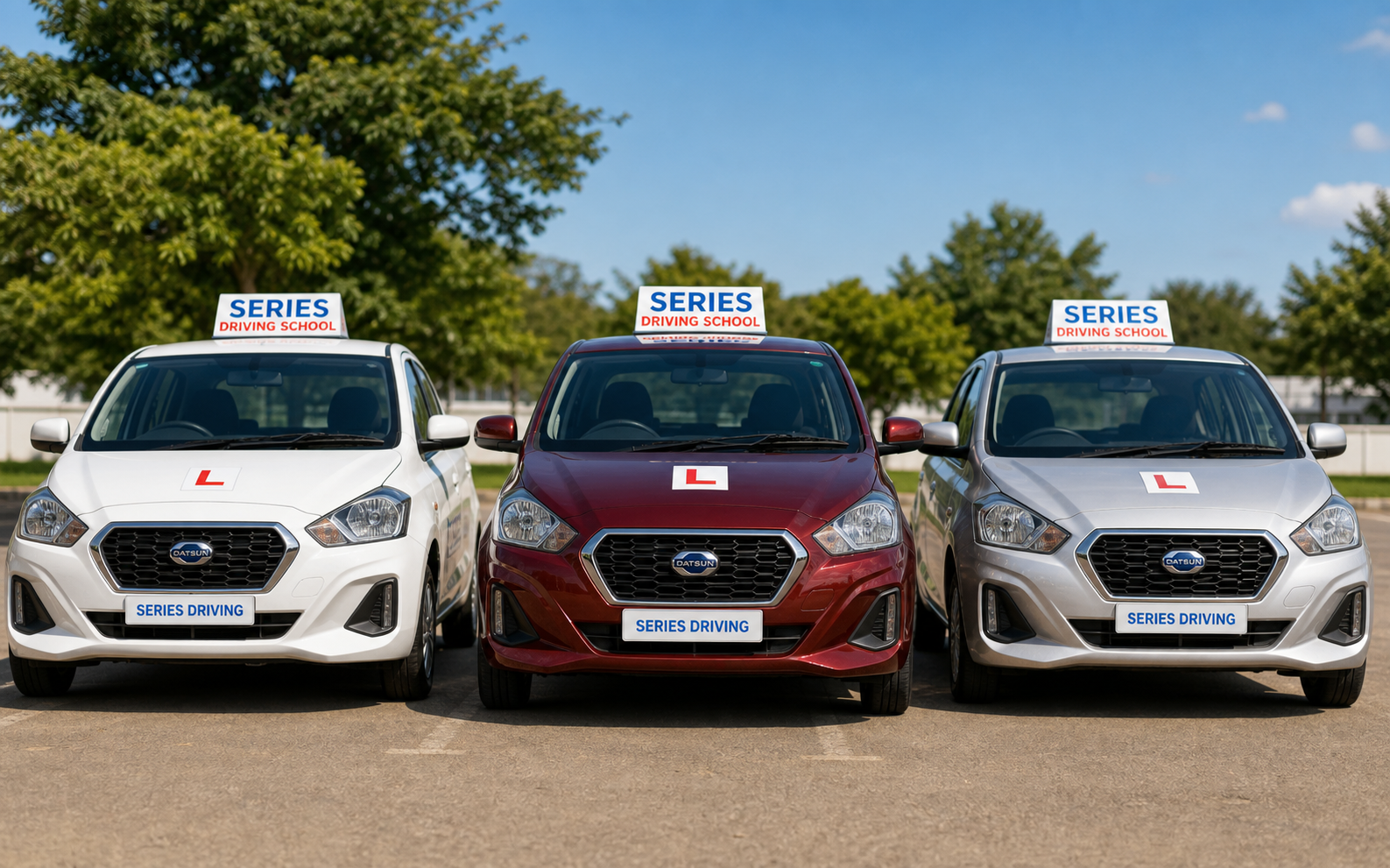 Series Driving branded learner cars lined up for training